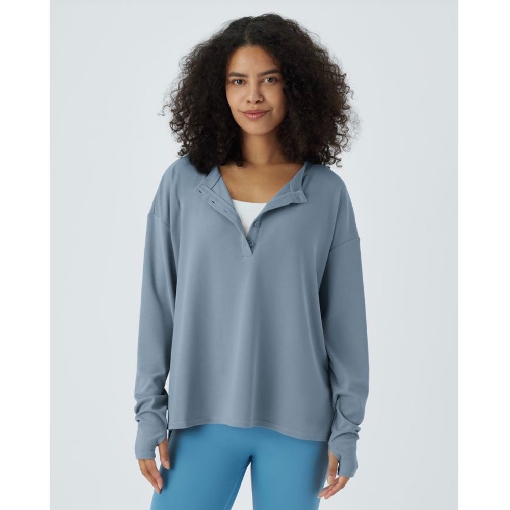 Halara Waffle Henley Sweatshirt Womens Size L Oversized Blue Casual Thumbhole